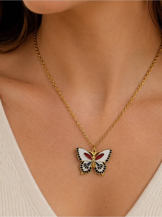 Jewelry - Gold Butterfly Pendant with Red and Black Enamel